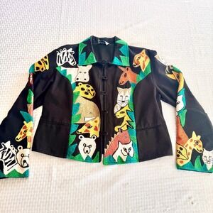 Vintage Anage Animal Embroidered Jacket Black Safari Art to Wear Novelty Coat